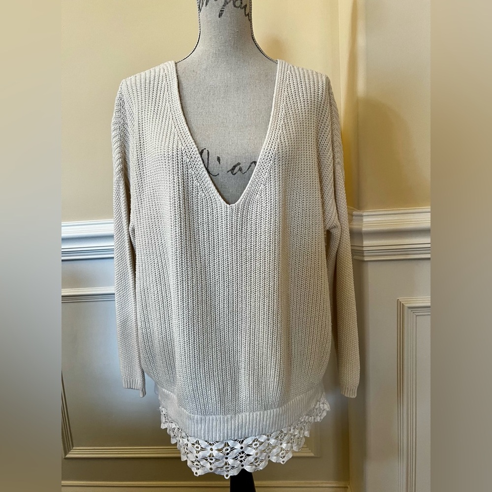 Beige, V-Neck-Lace Trimmed, Relaxed Fit Oversized Cotton Knit Tunic Sweater.